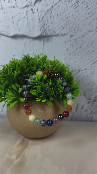 Natural 7 Chakra Bracelet 8 mm Red Jasper, Carnelian, Yellow Aventurine, Green Aventurine, Turquoise, Sodalite, Amethyst, and Hematite Round Beads Bracelet For Unisex Adult